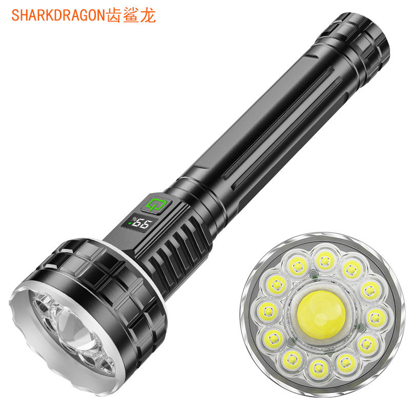 跨境13LED白激光强光手电筒USB充电数显带磁吸笔夹户外露营氛围灯