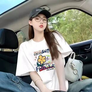 正肩纯棉短袖t恤女美式复古韩版宽松时尚休闲潮牌学生上衣t恤青春