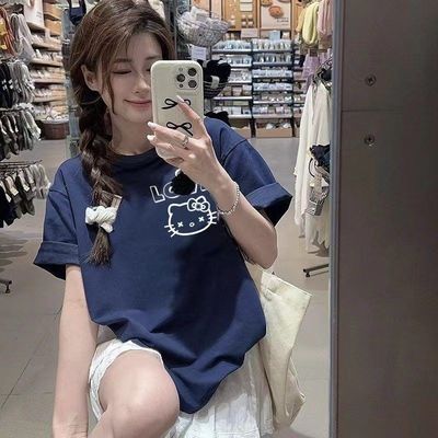 重磅纯棉猫咪印花美式复古短袖