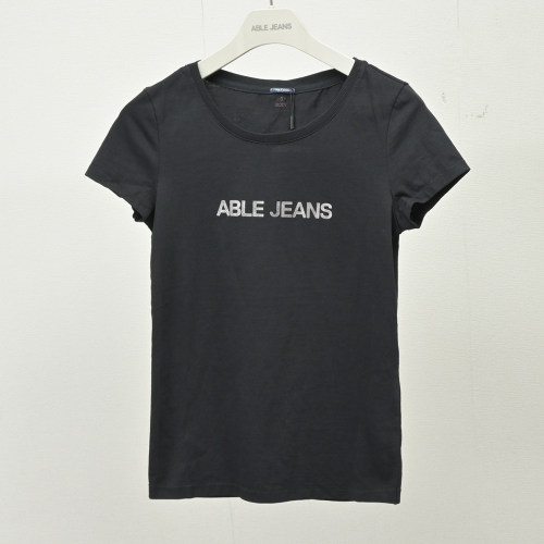 小码黑色短袖体恤衫ABLE JEANS夏季女士做旧t恤印花修身纯棉圆领