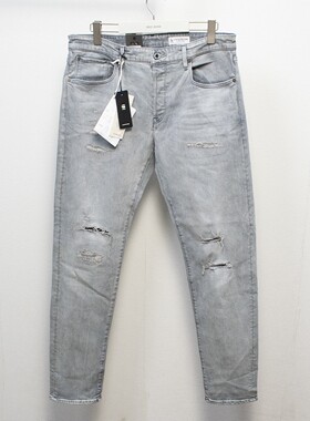 牛仔裤男士水洗浅灰色春夏破洞修身小脚裤潮男长裤子弹力休闲