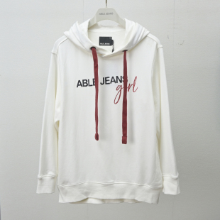 ABLE JEANS女卫衣春秋季白色连帽宽松街头潮流印花套头毛衫中长款
