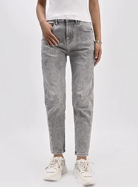 超值惠购ABLE JEANS女士牛仔裤男女灰色春夏秋季小脚锥形裤弹力潮