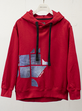 特价ABLE JEANS女士秋季宽松休闲中长款红色套头针织连帽卫衣