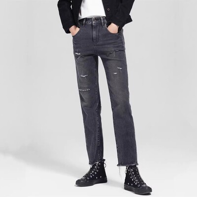 女牛仔裤春秋黑灰显瘦弹力直筒裤