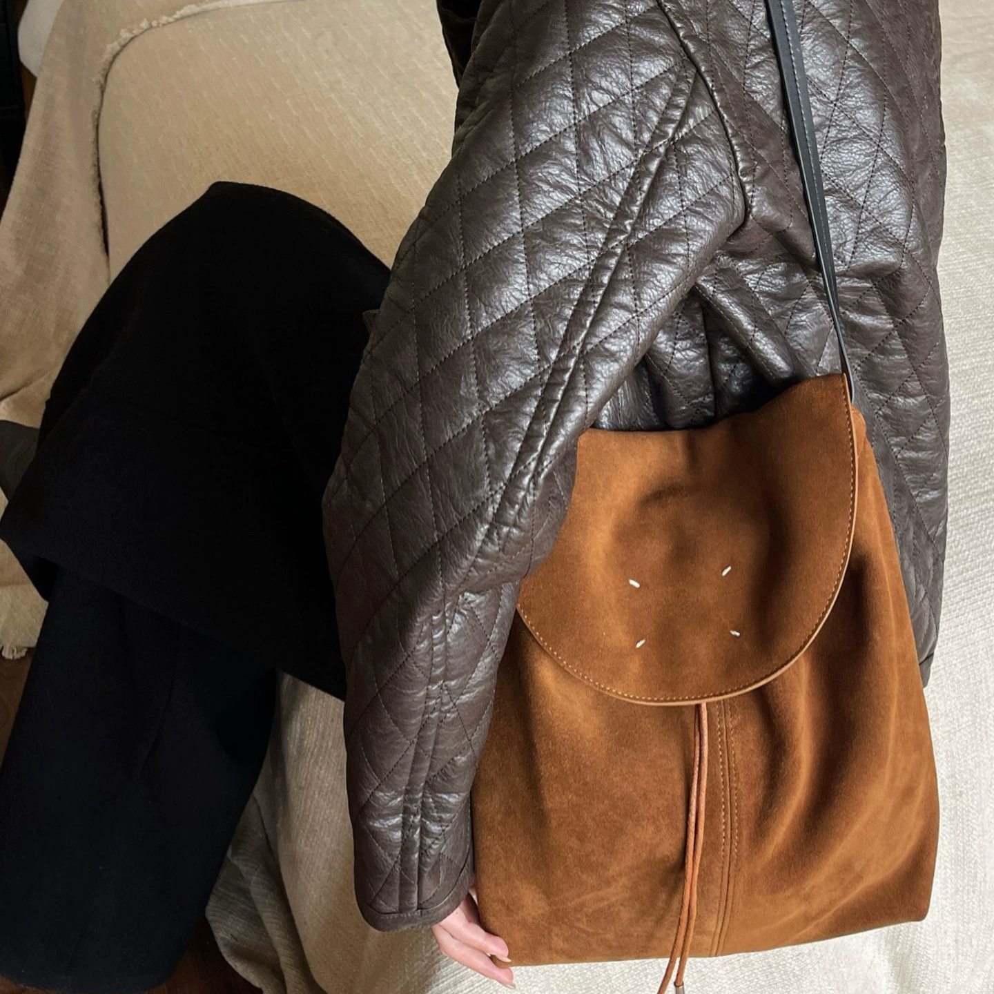 麂皮牛皮托特包复古风单肩包