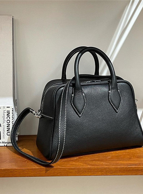 韩国小众kimsapparel波士顿保龄球包头层牛皮休闲手提单肩斜挎包