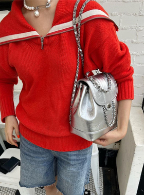 韩国小众Cardinal red小香风链条包牛皮复古单肩斜挎水桶包双肩包