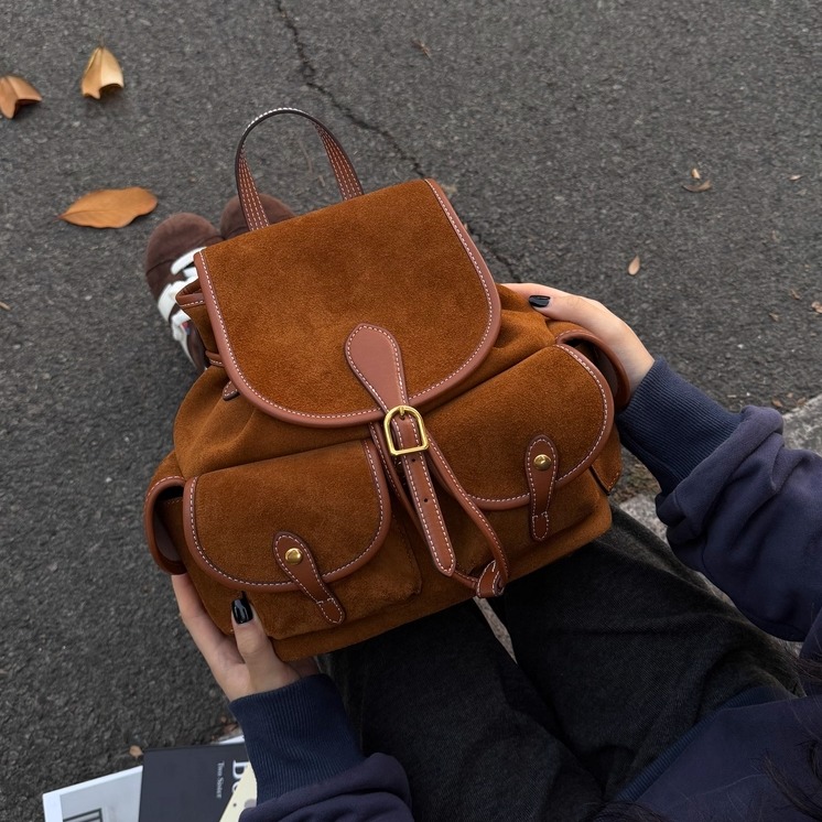 翻盖旅行头层麂皮牛皮通勤双肩包