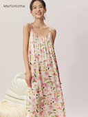 19姆米真丝睡裙女夏性感家居服品质丝绸宽松吊带原创印花连衣裙