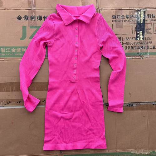 OQQ中长款长袖POLO领连衣裙修身紧身螺纹高弹高压性感包臀裙