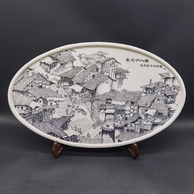 重庆十八梯天然汉白玉石纯手工钢笔画绘制大摆件地方特色纪念品