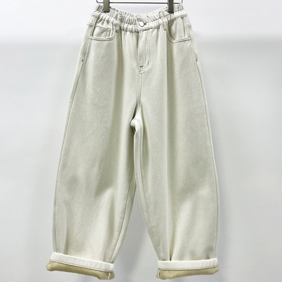 CHYY米白加绒冬牛仔女宽松萝卜裤