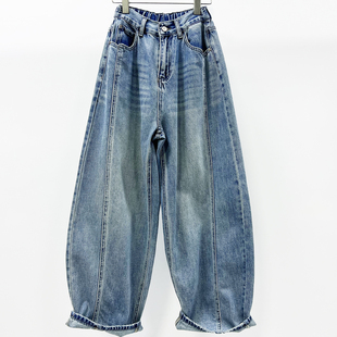 镰刀裤 牛道途2026春季 大码 松紧腰香蕉裤 新款 浅蓝牛仔女宽松弯刀裤