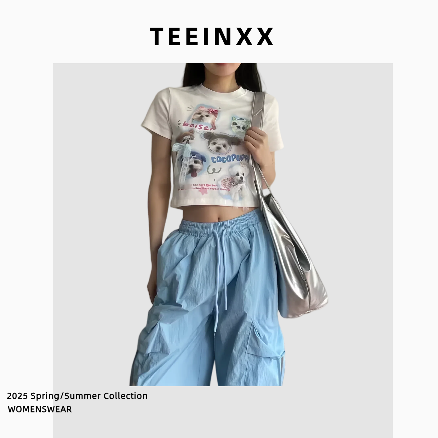 TEEINXX可爱狗狗字母印花短袖T恤女甜美纯欲休闲修身短款正肩上衣