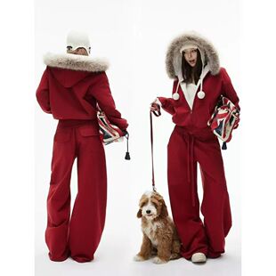 TEEINXX连帽可拆卸毛领加绒卫衣+加绒卫裤套装BM174