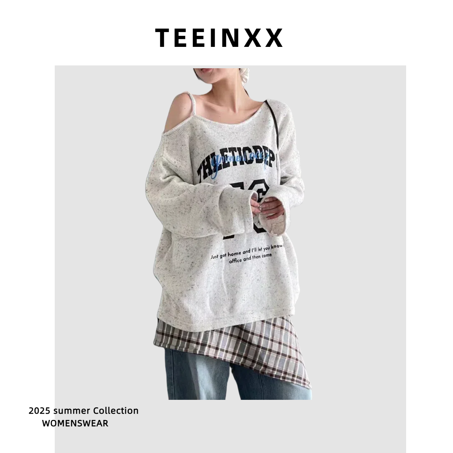 TEEINXX米色提花毛衣秋冬女慵懒高级感2025新款宽松套头斜肩羊毛