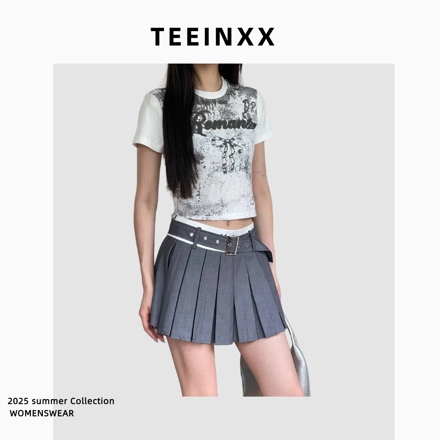TEEINXX美式拼色学院风西装裙女带腰带小个子防走光a字短款半身裙