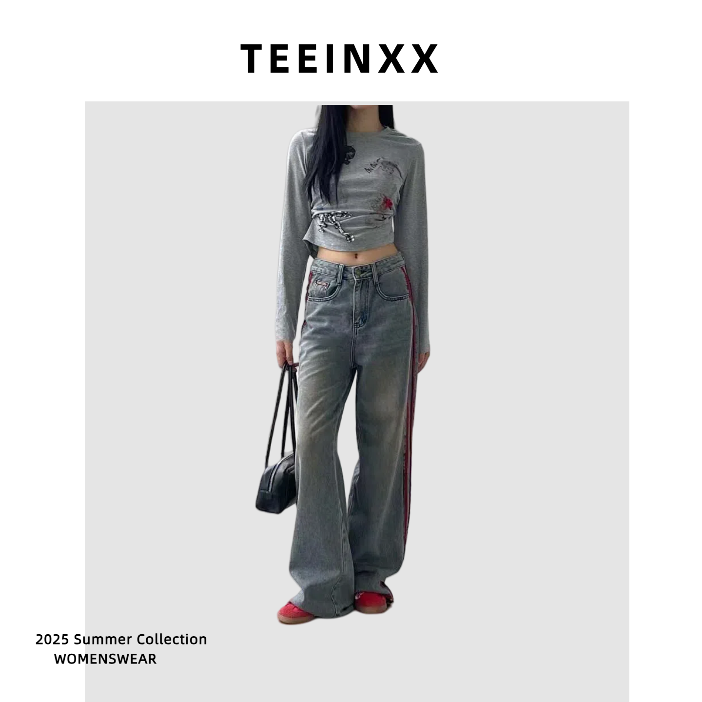 TEEINXX潮牌刺绣阔腿牛仔裤女2025年新款显瘦宽松直筒拖地裤子