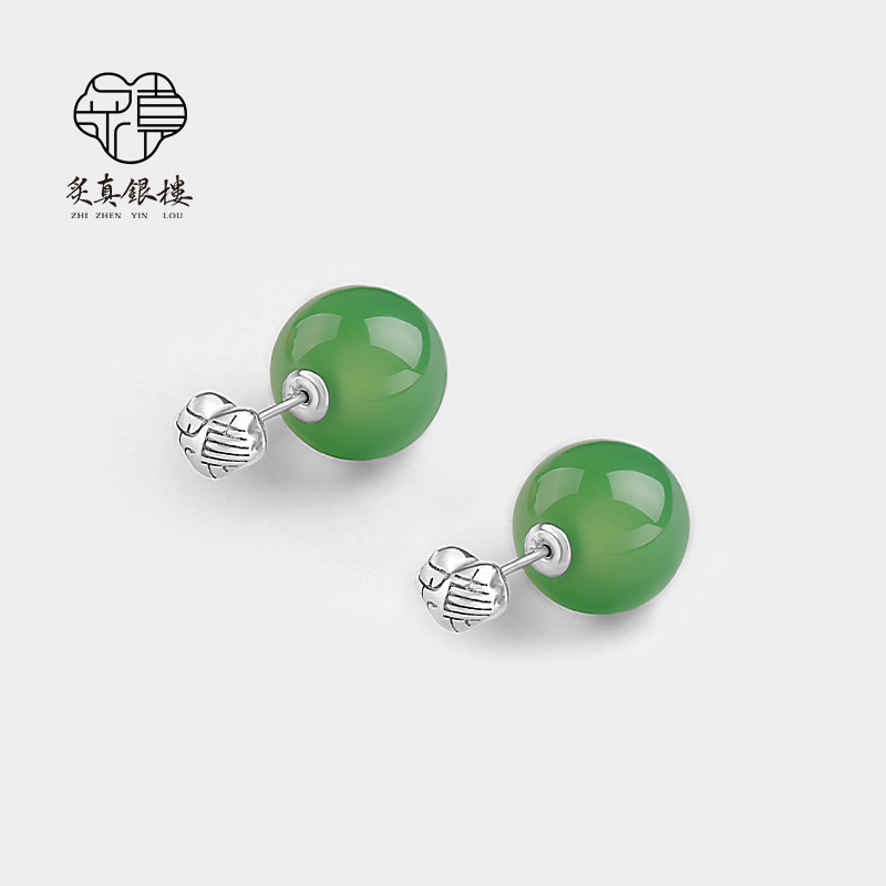 999纯银天然绿玉髓耳钉女款新中式平安锁耳环精致复古前后置耳饰