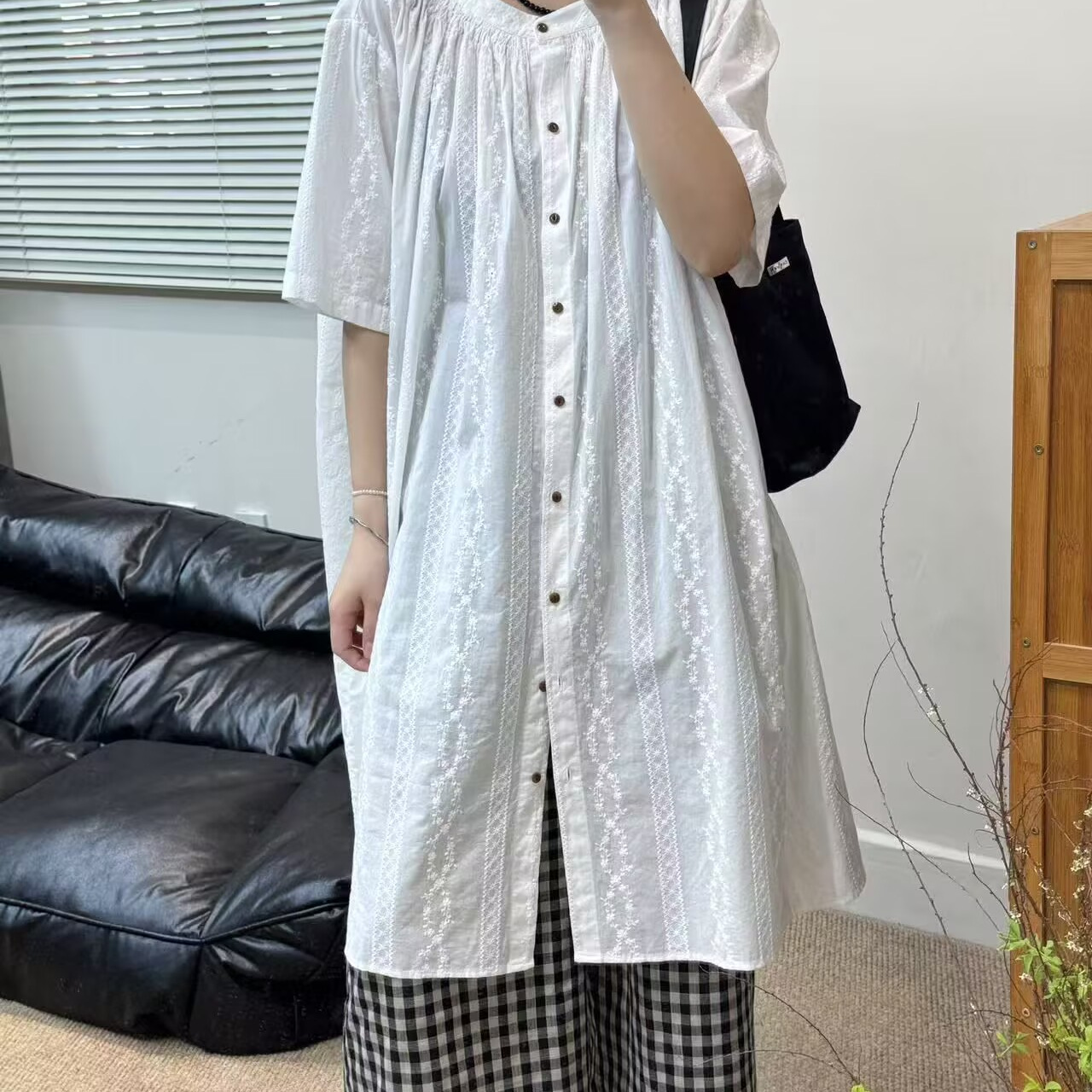 复古百搭叠穿夏季日系复古重工刺绣圆领短袖连衣裙宽松气质衬衫裙