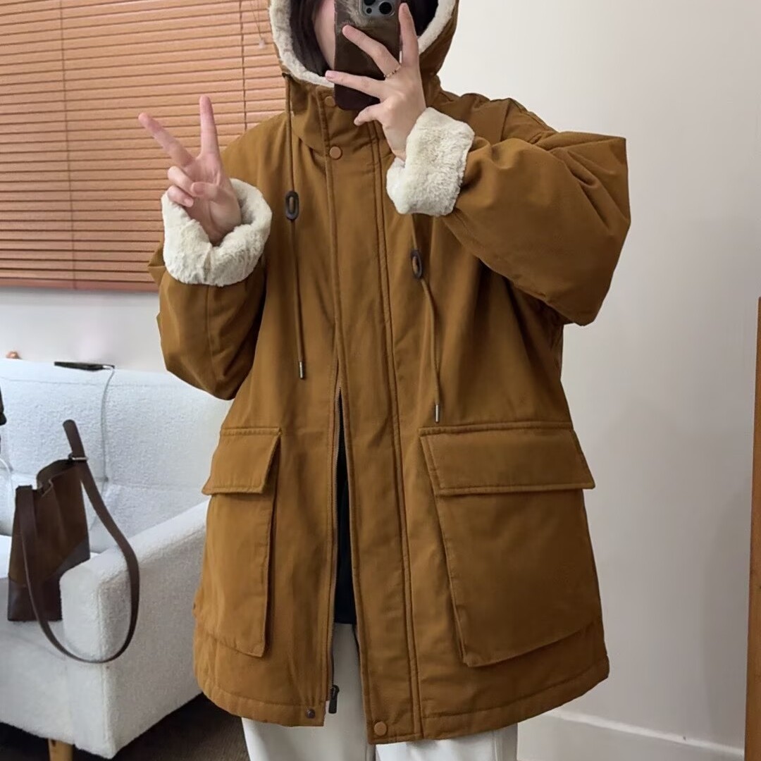 加绒加厚连帽棉服女2025冬季新款韩版复古宽松保暖工装外套派克服