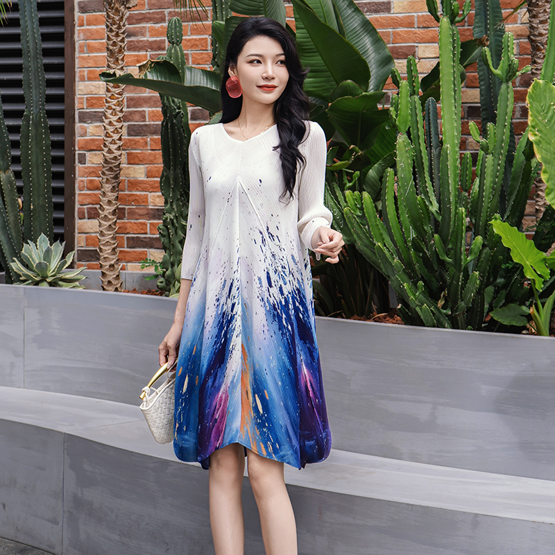 渐变泼墨印花七分袖遮肚子a字裙