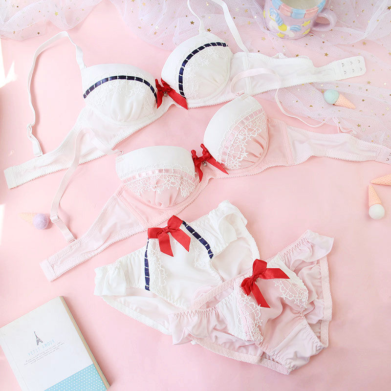 软妹小胸少女日系海军风可爱文胸套装白色聚拢有钢圈薄款胸罩内衣