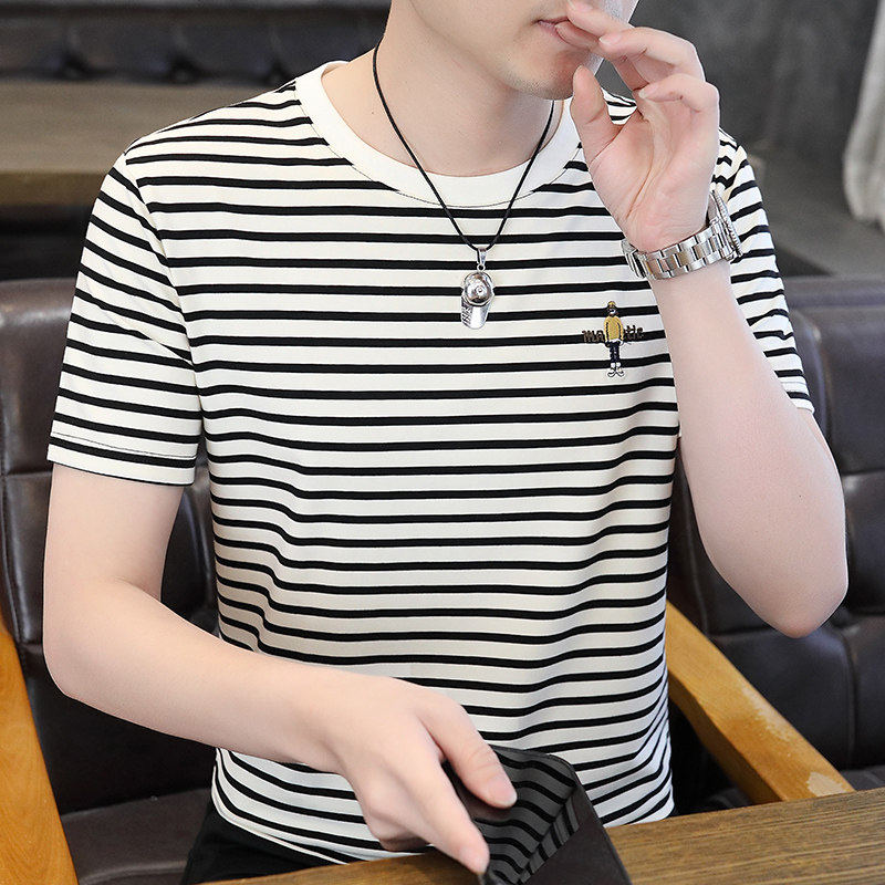 夏季高品质男士圆领短袖T恤时尚潮流条纹上衣青年百搭透气体恤衫