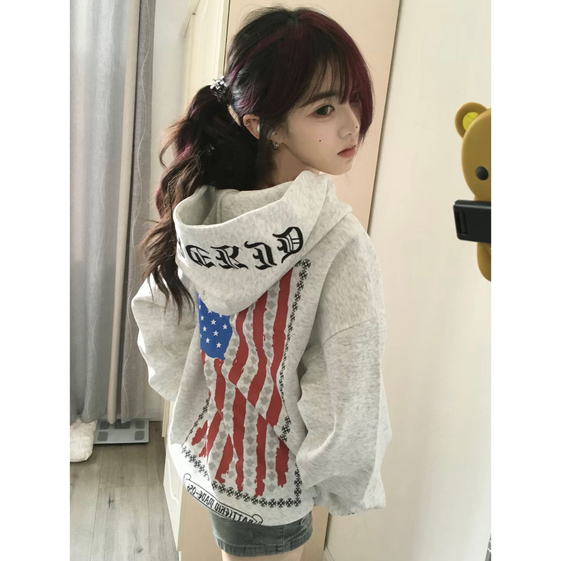 美式复古梵文旗帜印花连帽卫衣女秋季新款国潮牌宽松开衫情侣外套