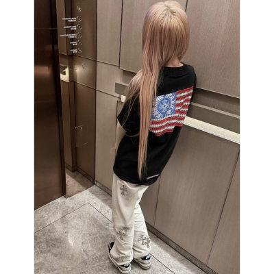 国潮牌美国旗帜印花轻奢短袖t恤女夏季新款宽松纯棉半袖黑色上衣
