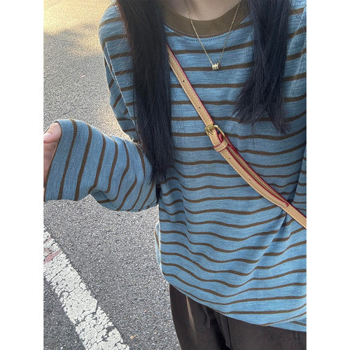 韩系松弛慵懒风撞色条纹长袖t恤女秋季新款宽松显瘦打底百搭上衣