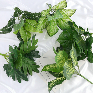 仿真植物假花绿植盆栽插花绿叶隔断栅栏背景墙造景装 饰叶子龟背叶