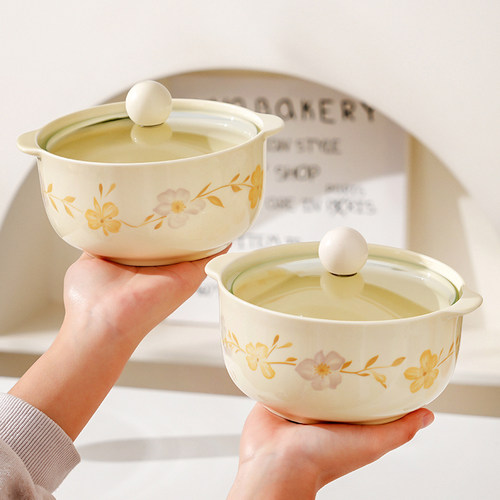 高颜值陶瓷带盖花朵泡面碗套装