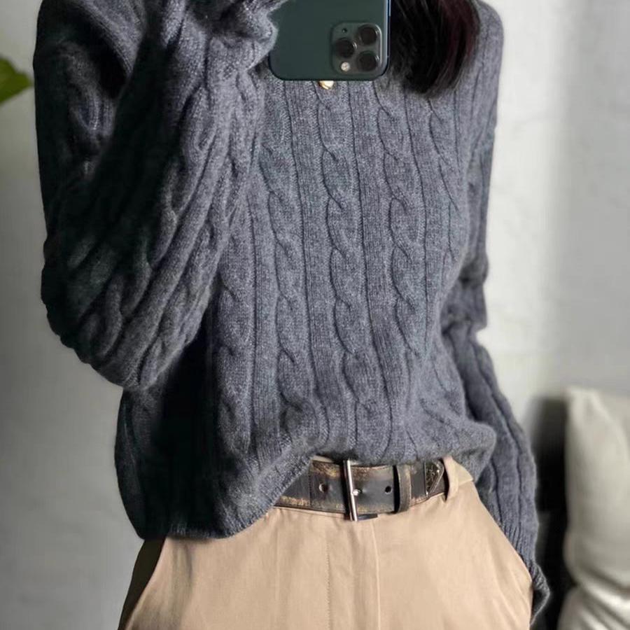 2025秋冬新款柔软羊绒衫女圆领麻花复古灰色羊毛衣显瘦洋气内搭厚