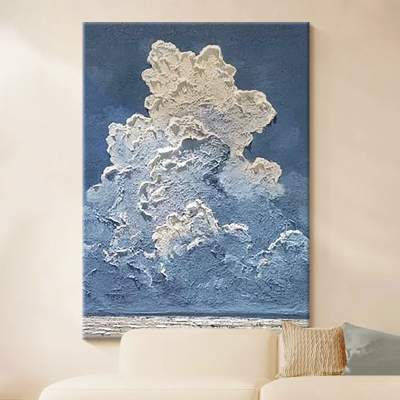 奶油风纯手绘油画肌理感云朵客厅装饰画蓝色天空玄关走廊过道挂画