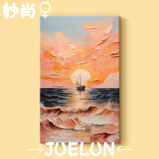 一帆风顺手绘油画海上日出东方帆船装饰画客厅落地玄关肌理感挂画