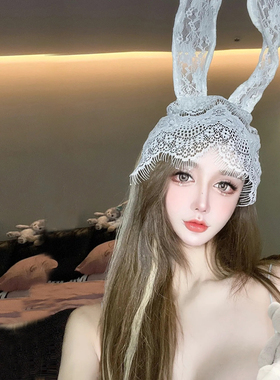 万圣节发箍性感蕾丝黑色眼罩面纱化妆舞会面具黑色兔耳朵蕾丝发箍