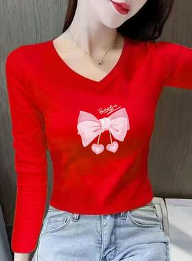 辣妹短款红色上衣女初秋装洋气减龄长袖t恤高级感修身内搭打底衫