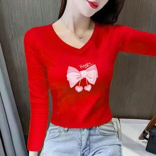 辣妹短款红色上衣女初秋装洋气减龄长袖t恤高级感修身内搭打底衫
