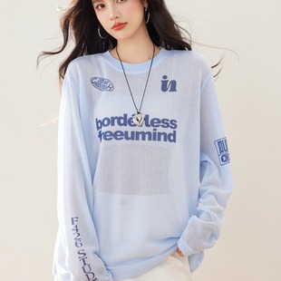 2025春季新款韩版国潮牌宽松休闲针织镂空字母印花长袖T恤罩衫女