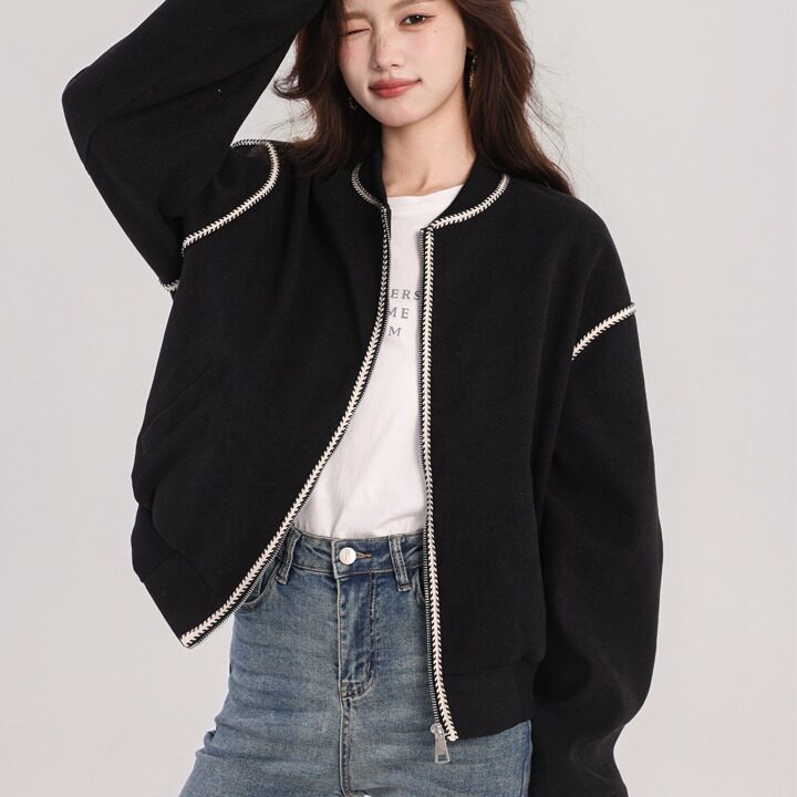BF风复古休闲短款棒球服女2025秋季新款宽松撞色黑色开衫夹克外套