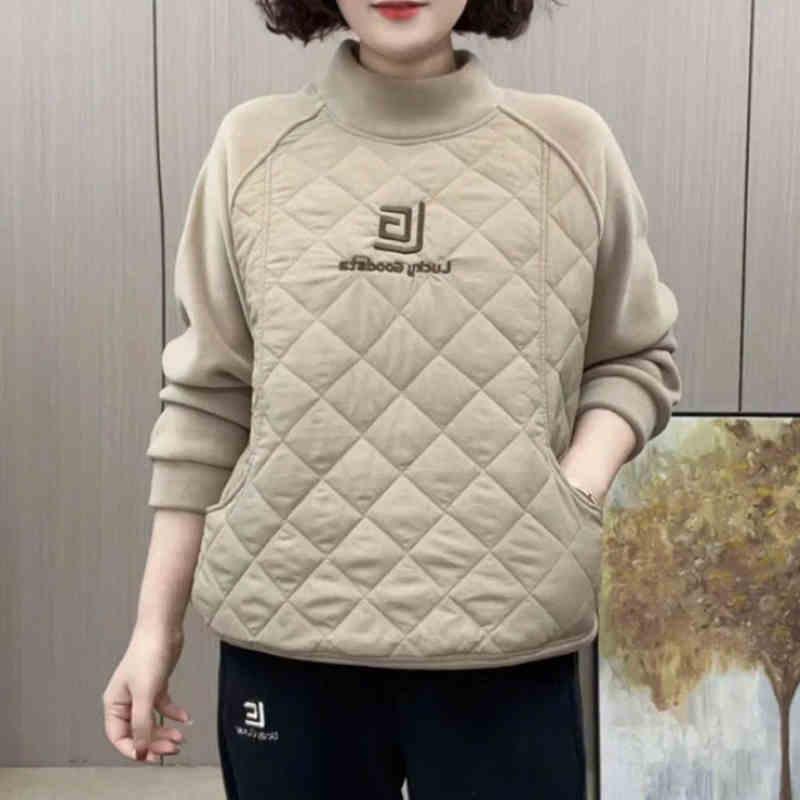 90-300斤大码女装妈妈装秋冬半高领拼接加绒卫衣加厚百搭休闲上衣