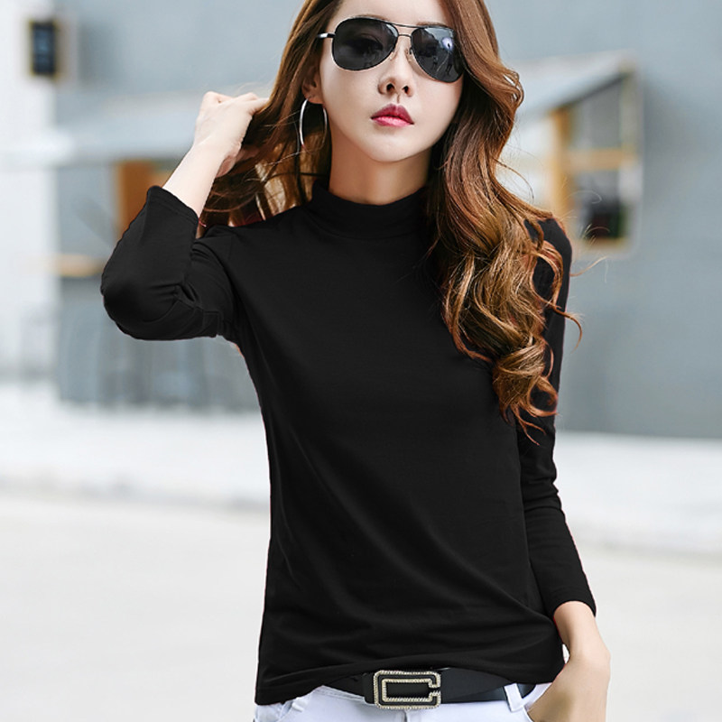 秋装新款黑色修身显瘦中领纯棉打底衫女大码内搭上衣半高领秋衣潮