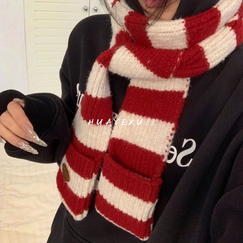 花野序/ins博主韩女红色条纹围巾韩版细窄长款拼色兜袋设计感围脖