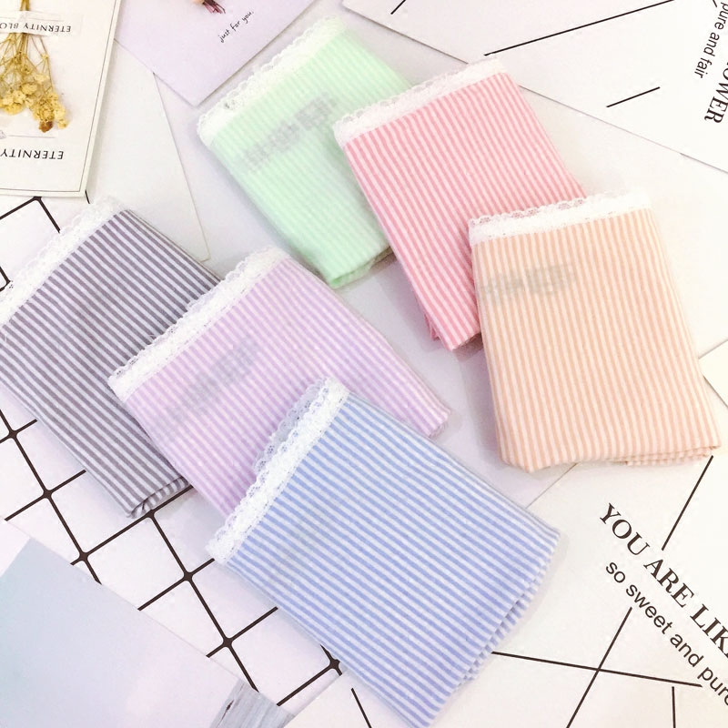 黛丝少女有机棉小平角裤柔软舒适包臀条纹蕾丝边女士内裤棉质面料