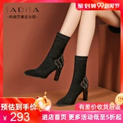 Giày cao gót nữ booties 2019 mới xuân hè thu đông Giày skinny cao gót màu đỏ dày với tất nhọn - Giày ống