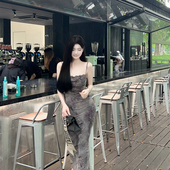 秘境梦蝶 MISS CHANGE DU家定染肌理蝴蝶拼接蕾丝吊带长连衣裙