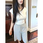 条纹艺术家 MISS CHANGE 高腰显瘦直筒条纹中裤 休闲裤