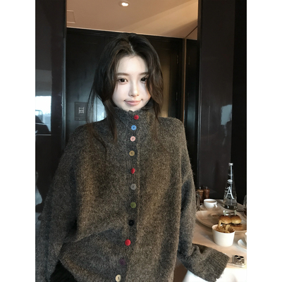 绵羊毛复古文艺单排彩扣慵懒毛衣